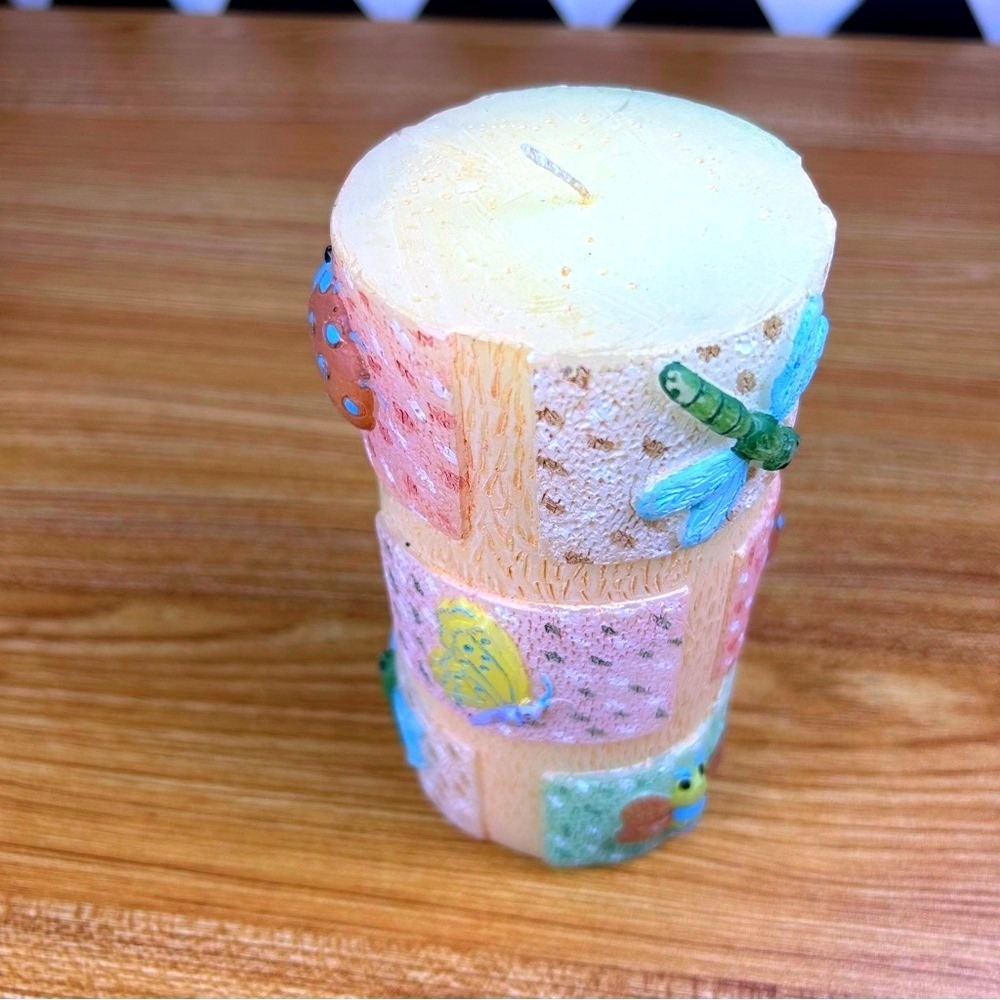 Pastel Pillar Candle Whimsical Garden Insect Hand Painted Decor - Picture 3 of 7
